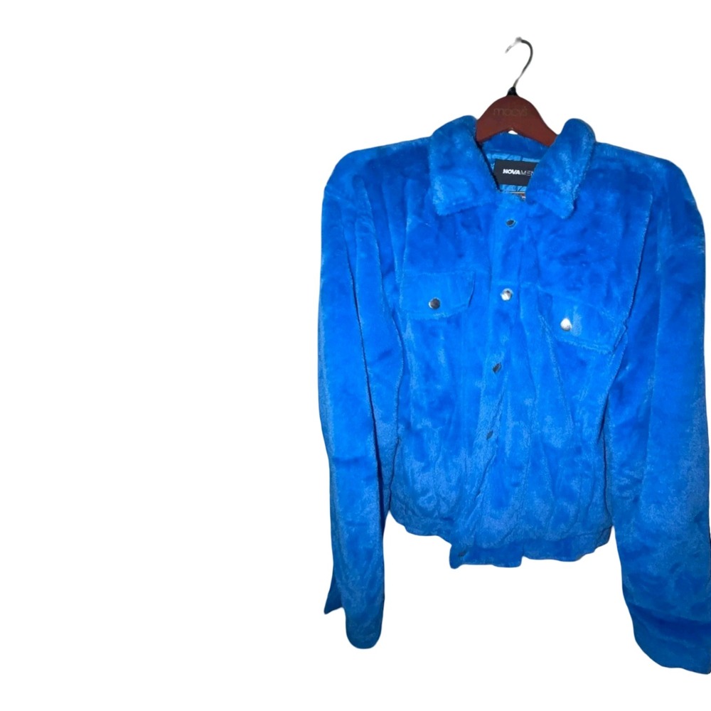 Fashion Nova Men Electric Blue Faux Fur Trucker Jacket XXL Plush Streetwear Coat